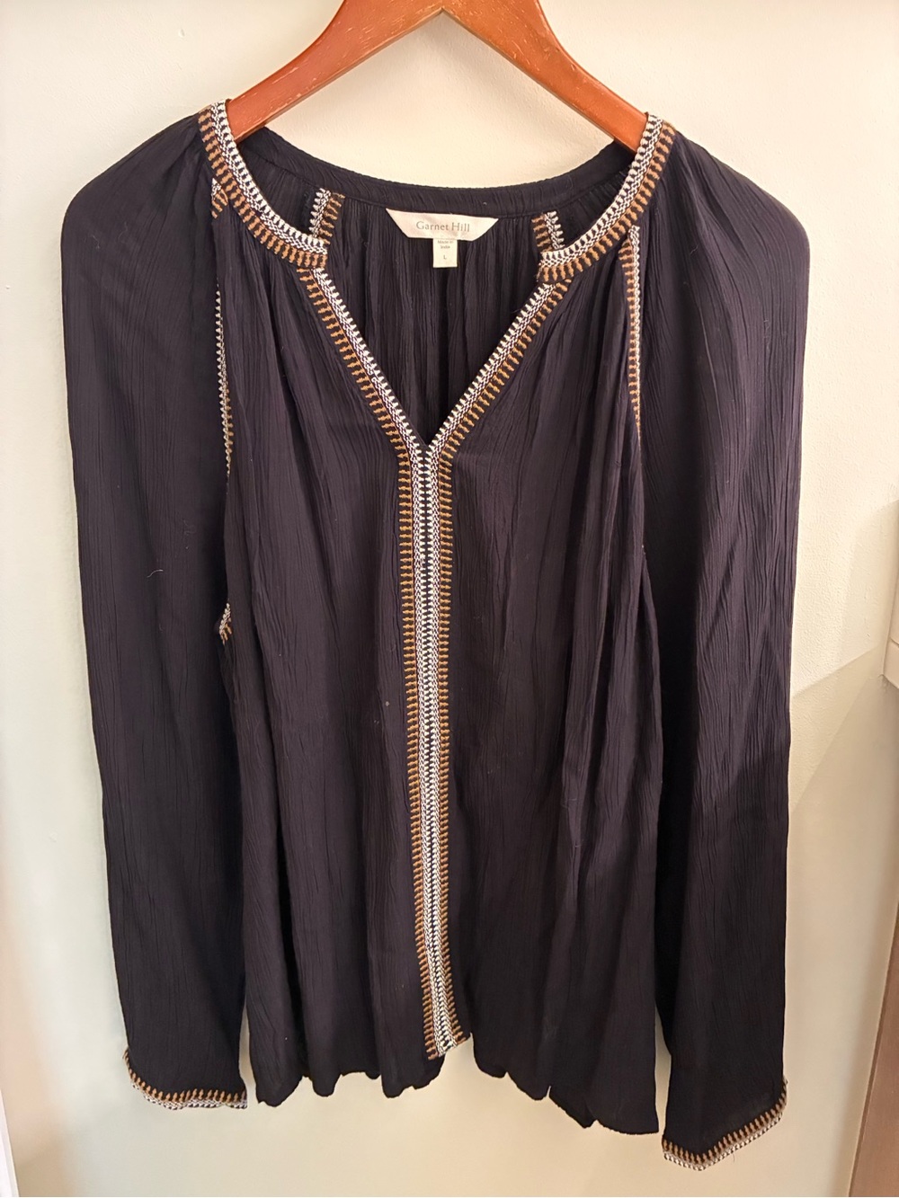 Garnet Hill Black Embroidered Trim Long-Sleeve Blouse